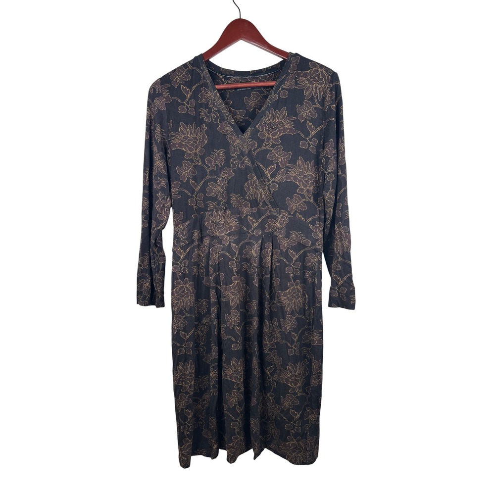 Peruvian Connection Dress M Faux Wrap Floral Black Bronze Long Sleeve V-Neck
